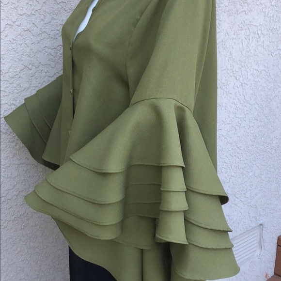 Gracia Olive Tiered Ruffle ¾ Sleeve Button Front Standing Collar Blouse- sz M - Picture 4 of 13